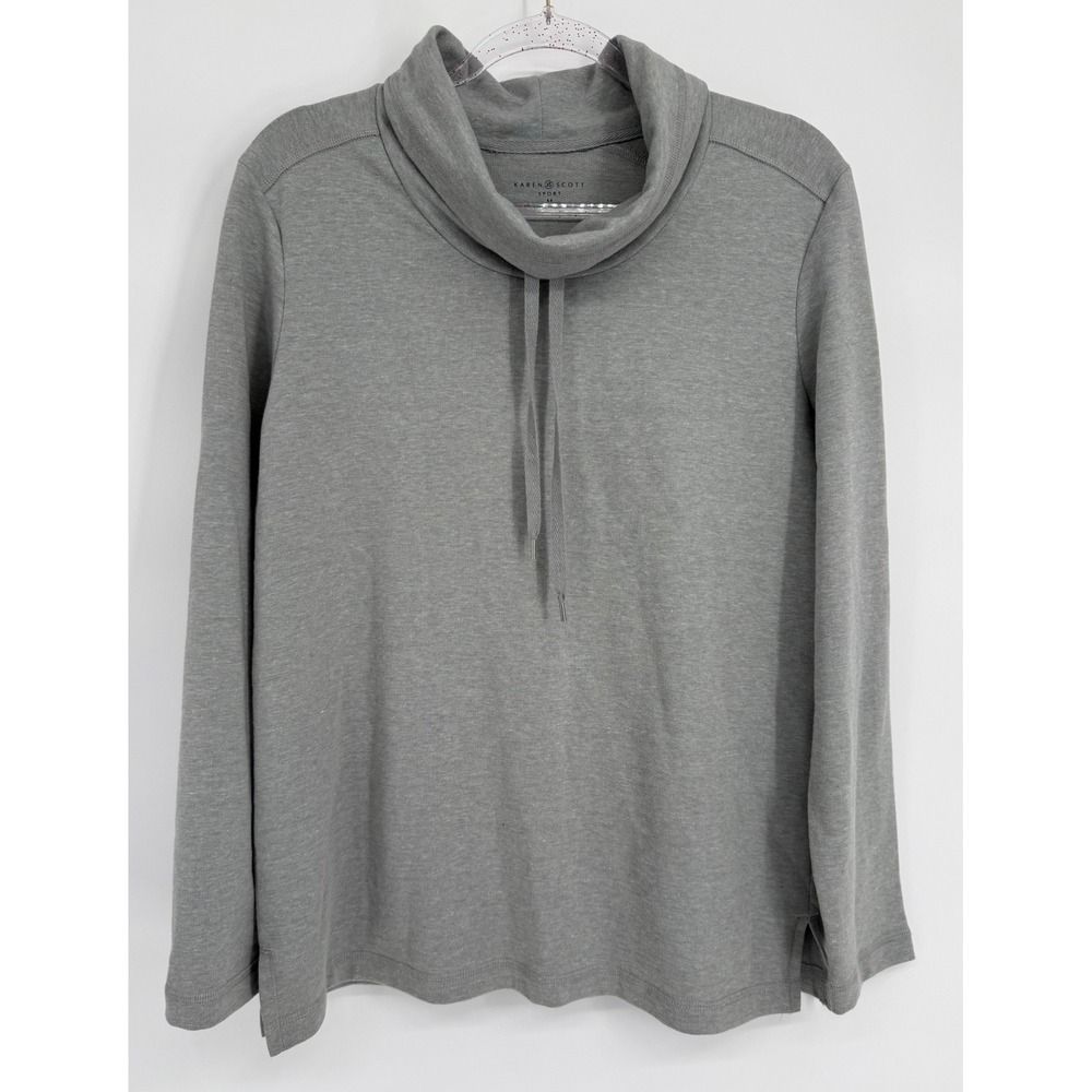 Karen Scott Sport Womens Cowl Neck Pullover Top Heather Gray Long Sleeve Sz M